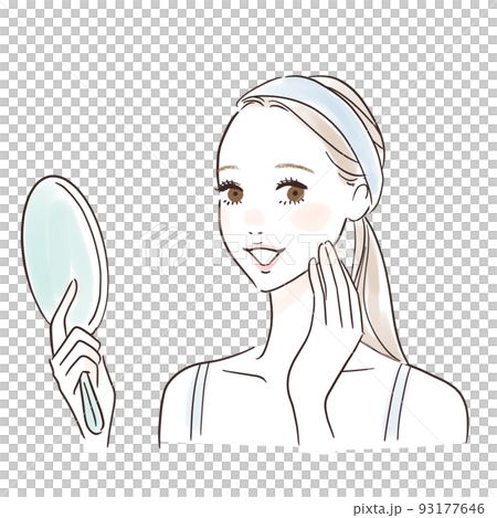 Smiling woman happy looking at her skin in the mirror 93177646