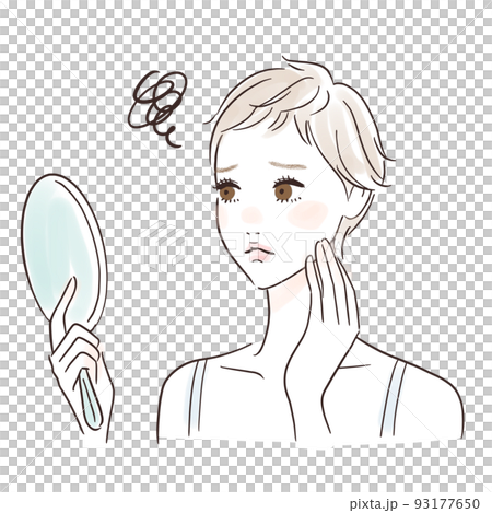 Worried about skin condition Woman looking at hand mirror Short hair 93177650