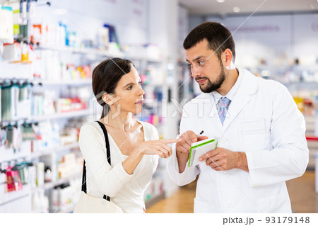 Apothecary giving advise about medicine to woman Apothecary giving advise about medicine to woman 93179148