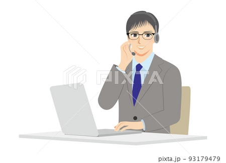 働く男性イラスト　上半身　グレイスーツ　黒髪メガネ　テレフォンアポインター 93179479
