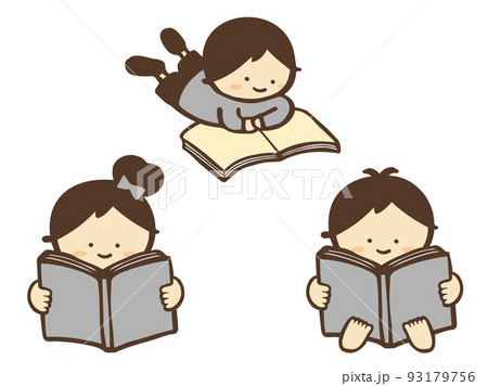 かわいい読書をする子どものセット素材/手描きイラスト素材 かわいい読書をする子どものセット素材/手描きイラスト素材 93179756
