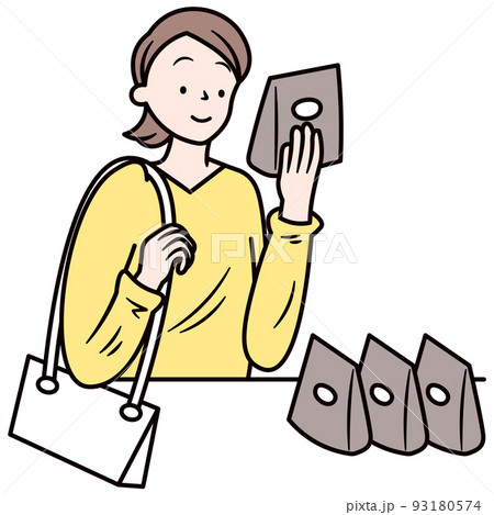 フェアトレードで作られたコーヒー豆を見ている女性客のイラスト素材 フェアトレードで作られたコーヒー豆を見ている女性客のイラスト素材 93180574