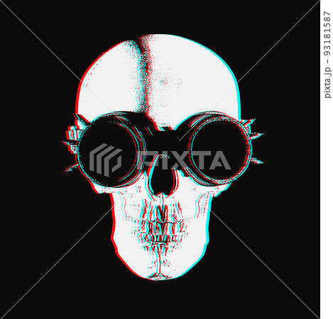 Human skull in steampunk glasses with black and white glitch effect of virtual reality Human skull in steampunk glasses with black and white glitch effect of virtual reality 93181587