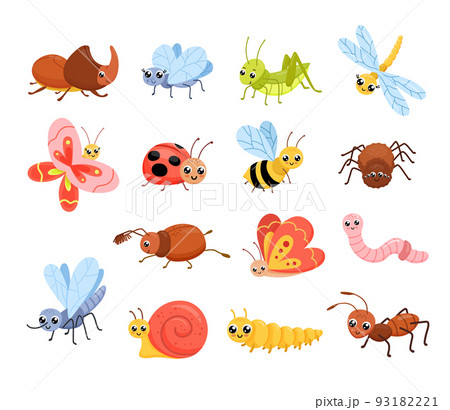 Cartoon insects set. Cute ant, grasshopper and snail. Childish vector illustration isolated on white Cartoon insects set. Cute ant, grasshopper and snail. Childish vector illustration isolated on white 93182221
