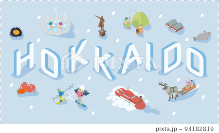 An isometric illustration summarizing gourmet food, activities, and sightseeing spots in Hokkaido in winter 93182819