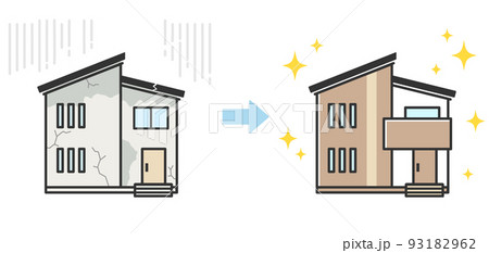 古くて薄汚れた家とリフォームされてピカピカの家のイラスト 93182962