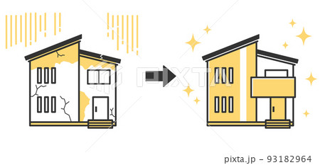 古くて薄汚れた家とリフォームされてピカピカの家のイラスト 93182964