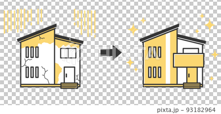古くて薄汚れた家とリフォームされてピカピカの家のイラスト 93182964