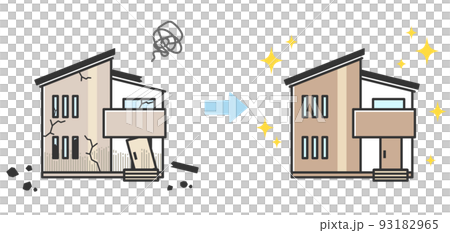 災害などで壊れた家と修復された家のイラスト 93182965