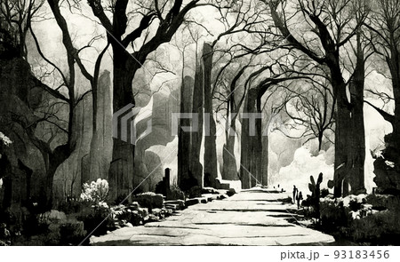 水墨画タッチで描かれた並木道のイラスト素材 [93183456] - PIXTA