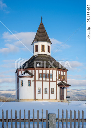Wooden evangelic chapel in Tesarov in wintertime 93183462