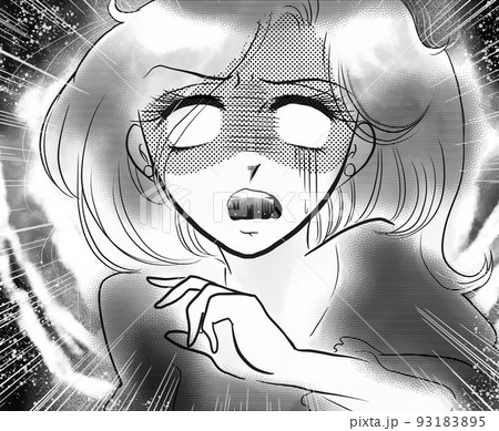 70年代少女漫画顔面蒼白白目で怯える美女の白黒イラスト 93183895