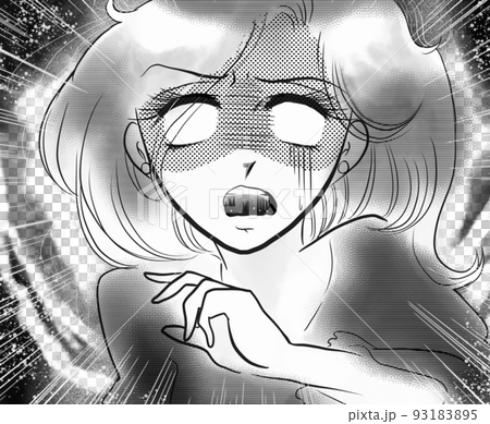 70年代少女漫画顔面蒼白白目で怯える美女の白黒イラスト 93183895