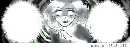 70年代少女漫画顔面蒼白白目で怯える美女の白黒ワイドサイズイラスト 93184151