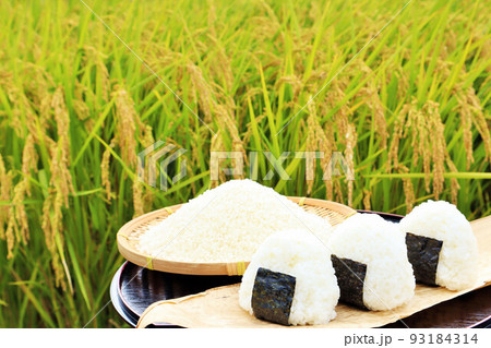秋の田んぼと新米のおにぎり 秋の田んぼと新米のおにぎり 93184314