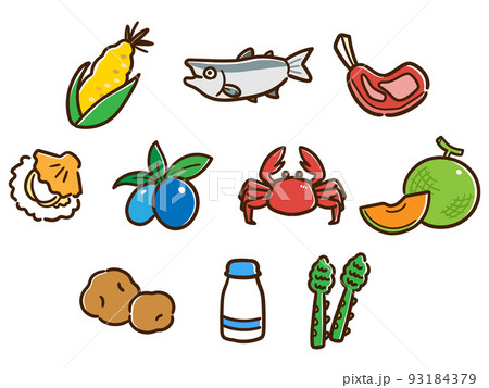 北海道の名産物食材のかわいいデフォルメイラストセットのイラスト素材