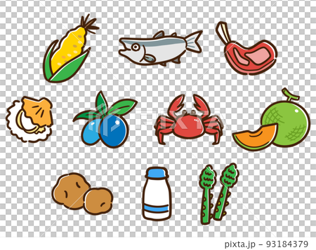 北海道の名産物食材のかわいいデフォルメイラストセット 北海道の名産物食材のかわいいデフォルメイラストセット 93184379