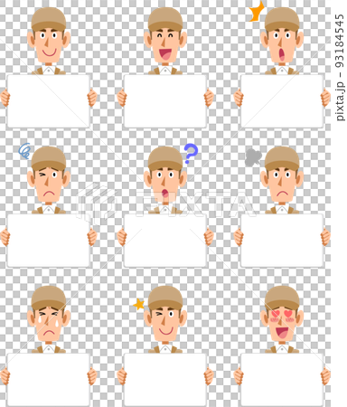 ホワイトボードを持つベージュ色の作業着を着た男性 ホワイトボードを持つベージュ色の作業着を着た男性 93184545