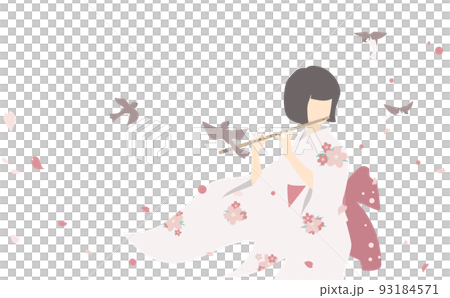 浴衣姿で笛を吹く女性と飛び回るスズメ 93184571