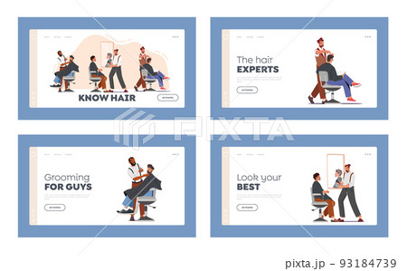 Men Beauty Salon Landing Page Template Set. Male Characters Visit Barbershop. Hairdresser Barbers Serving Clients Men Beauty Salon Landing Page Template Set. Male Characters Visit Barbershop. Hairdresser Barbers Serving Clients 93184739