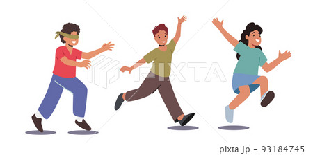 Little Boy with Blindfold Catching Friends Hiding during Game. Summer Active Game for Children, Kids Characters Vacation Little Boy with Blindfold Catching Friends Hiding during Game. Summer Active Game for Children, Kids Characters Vacation 93184745