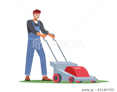 Man Character Mow Lawn in Garden or Public City Park. Gardener or Worker Pushing Lawn Mower Machine for Landscaping Yard 93184765