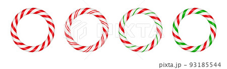 Christmas candy cane circle frame with red and green striped. Xmas border with striped candy lollipop pattern. Blank christmas and new year template. Vector illustration isolated on white background 93185544