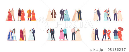 Set Of Traditional Couples Celebrate Wedding Ceremony. Happy Indian, Arab, Jewish, African, Asian Grooms And Brides 93186257