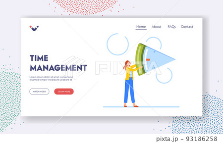 Time Management Landing Page Template. Businesswoman Character Holding Clock Timer Piece. Tasks Allocation, Control 93186258