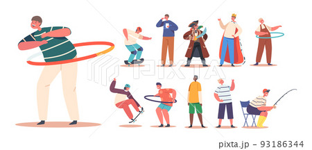 Set of Little Boys Characters Fun Games Isolated on White Background. Children Playing in Pirate or King, Spinning Hoop Set of Little Boys Characters Fun Games Isolated on White Background. Children Playing in Pirate or King, Spinning Hoop 93186344