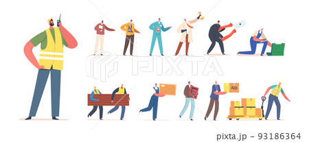 Set Male Characters Different Professions. Men Worker, Loader with Box and Construction Materials, Calculator, Toolbox 93186364