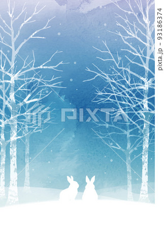 雪の白樺林と二匹のウサギのイラスト 93186374