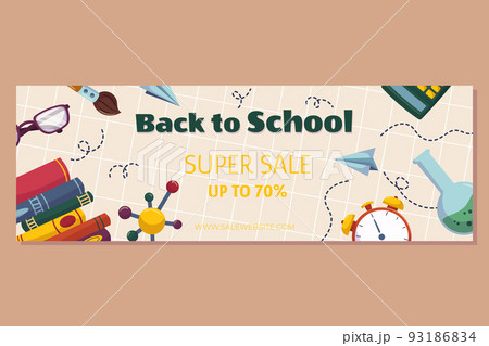Colorful back to school sale offer banner template with different studying supplies - glasses paper airplane, stack of books test tube. Vector illustration design with copy space. Colorful back to school sale offer banner template with different studying supplies - glasses paper airplane, stack of books test tube. Vector illustration design with copy space. 93186834