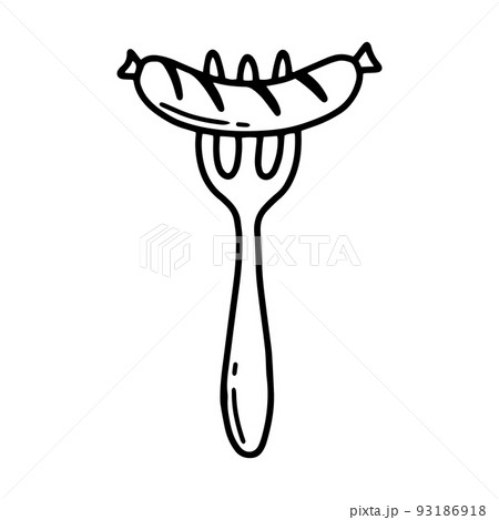 Bavarian sausage on a fork. Vector illustration. German snack. Sausage for beer. Grilled sausage. Doodle style. 93186918