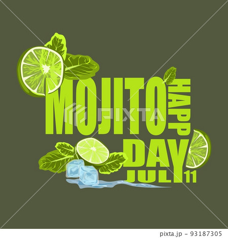 National Mojito Day July 11 vector Poster with lime, mint and cubes of ice vector design. 93187305