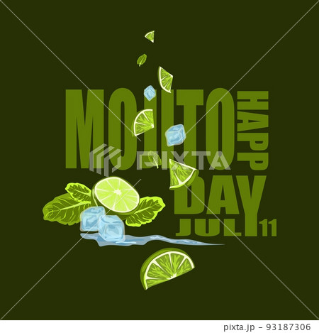 National Mojito Day July 11 vector Poster with lime, mint and cubes of ice vector design. 93187306