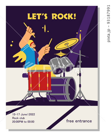 Rock concert invitation poster, woman playing drums on stage, flat vector illustration. Rock concert invitation poster, woman playing drums on stage, flat vector illustration. 93187991