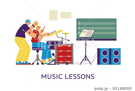 Man learning to play drums with teacher, music lesson advertising - flat vector illustration isolated on white. Man learning to play drums with teacher, music lesson advertising - flat vector illustration isolated on white. 93188000