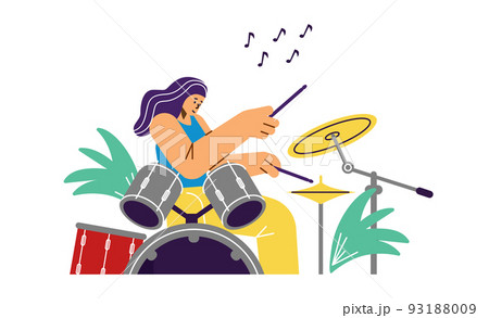 Smiling woman drummer character playing music flat style, vector illustration Smiling woman drummer character playing music flat style, vector illustration 93188009