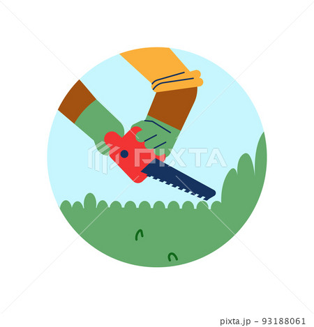 Gardener trimming bush or hedge with saw, round icon flat vector illustration. Gardener trimming bush or hedge with saw, round icon flat vector illustration. 93188061