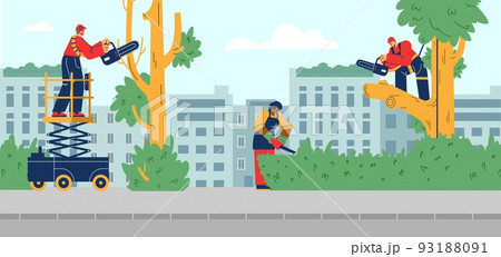 Panorama about tree trimming scene flat style, vector illustration Panorama about tree trimming scene flat style, vector illustration 93188091