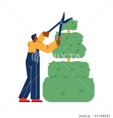 Landscape design service worker cuts a tree flat vector illustration isolated. 93188093