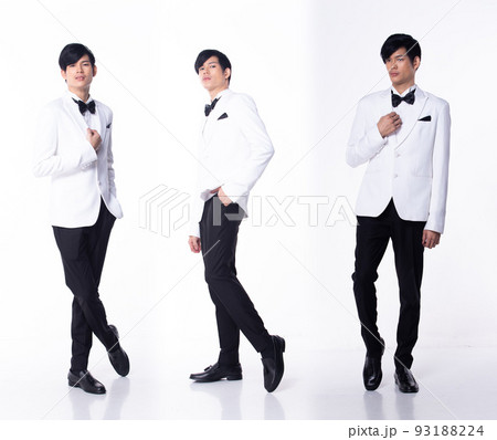 Collage Group Full length Figure snap of 20s Asian man black hair suit jacket pant and shoes. Wedding male stands and pose confident over white Background isolated 93188224