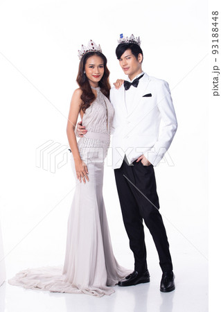 Collage Group full length Figure of 20s Asian two Woman man Miss beauty pageant contest crown, evening gown and suit. Couple stands and pose confident beautiful over white Background isolated Collage Group full length Figure of 20s Asian two Woman man Miss beauty pageant contest crown, evening gown and suit. Couple stands and pose confident beautiful over white Background isolated 93188448