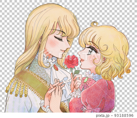 昔の童話挿絵・お姫様に薔薇の花でプロポーズする王子さま 93188596