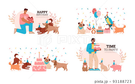 Set of scenes about pet birthday party flat style, vector illustration Set of scenes about pet birthday party flat style, vector illustration 93188723