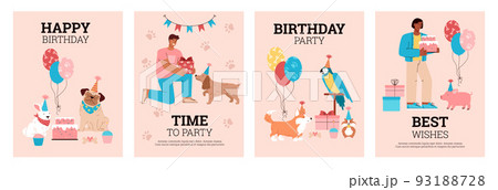 Pets birthday party cards or invitations collection, flat vector illustration. 93188728
