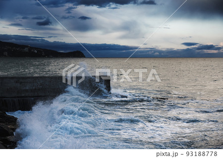 Storm at sea with waves during rain and cloudy in Alupka. Crimea 93188778