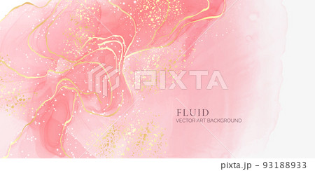 Rose pink liquid watercolor background with golden confetti. Dusty blush marble alcohol ink drawing effect. Vector illustration design template for wedding invitation, menu, rsvp Rose pink liquid watercolor background with golden confetti. Dusty blush marble alcohol ink drawing effect. Vector illustration design template for wedding invitation, menu, rsvp 93188933