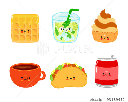 Funny happy fast food characters set. Vector hand drawn cartoon kawaii character illustration. Isolated white background. Cute wafer, mojito, cake, coffee cup, coffee cup, can of cola Funny happy fast food characters set. Vector hand drawn cartoon kawaii character illustration. Isolated white background. Cute wafer, mojito, cake, coffee cup, coffee cup, can of cola 93189452